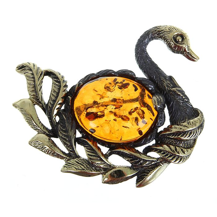 Брошь "Янтарь" лебедь в бронзе