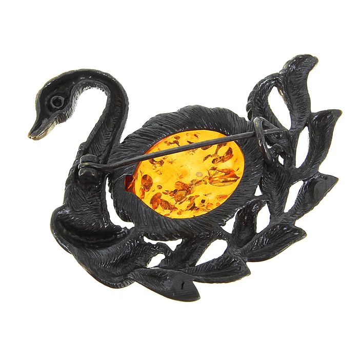 Брошь "Янтарь" лебедь в бронзе