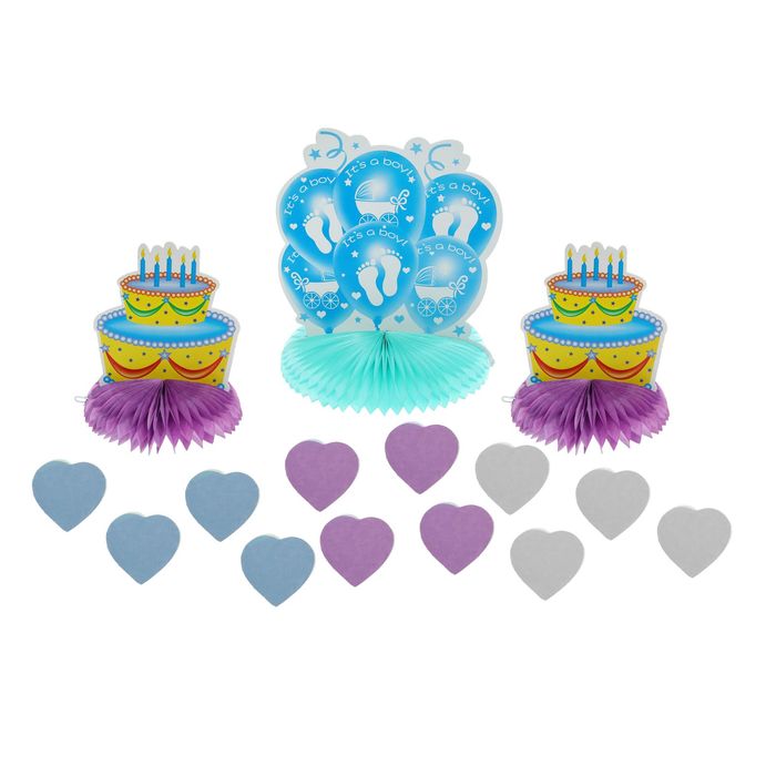 Бумажное украшение для стола "С рождением малыша", тортики, набор 3 шт. + сердечки