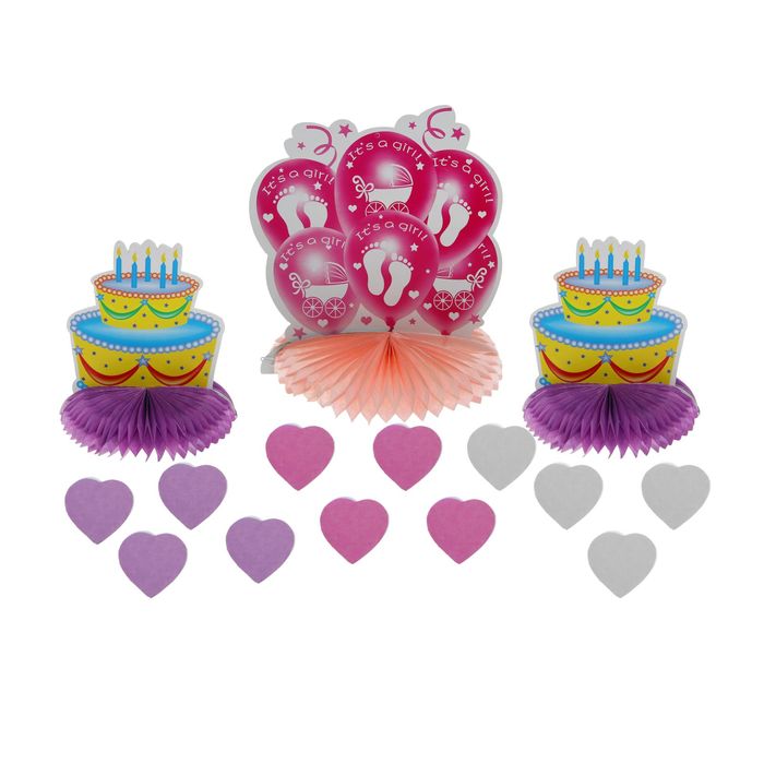 Бумажное украшение для стола "С рождением малышки", тортики, набор 3 шт. + сердечки