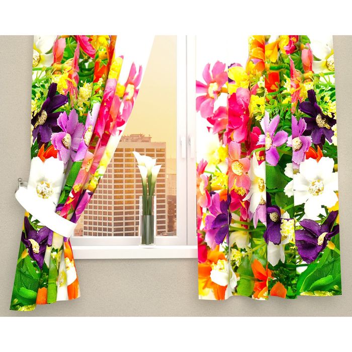 Фотошторы кухонные "Весенние полевые цветы", 145 х 160 см, 2 шт., габардин, п/э