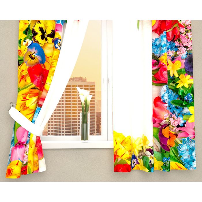 Фотошторы кухонные "Яркие бутоны цветов", ширина 145 см, высота 160 см-2 шт., габардин