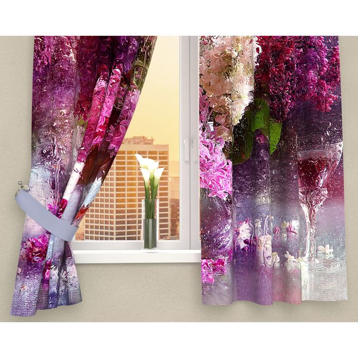 Фотошторы кухонные "Сирень после дождя", ширина 145 см, высота 160 см-2 шт., габардин