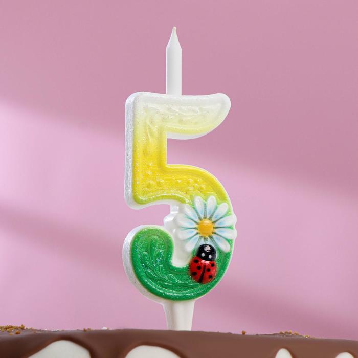Свеча для торта Ромашки, 10,2 см, разноцветная цифра 5 