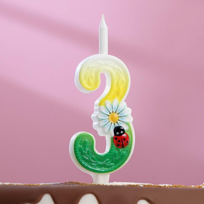 Свеча для торта Ромашки, 10,2 см, разноцветная цифра 3
