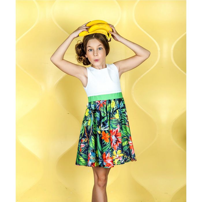 Платье для девочки "Тропические цветы", рост 134 см, цвет белый (арт. 87628б)