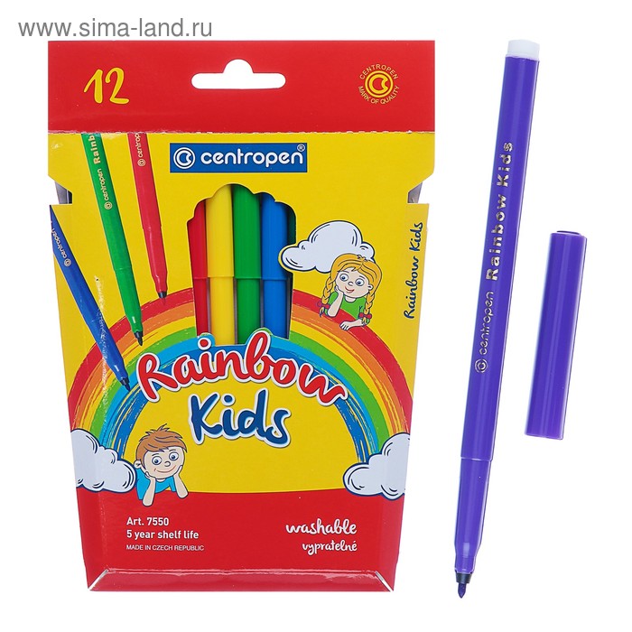 

Фломастеры 12 цветов, Centropen 7550/12 Rainbow Kids, картонная упаковка, европодвес