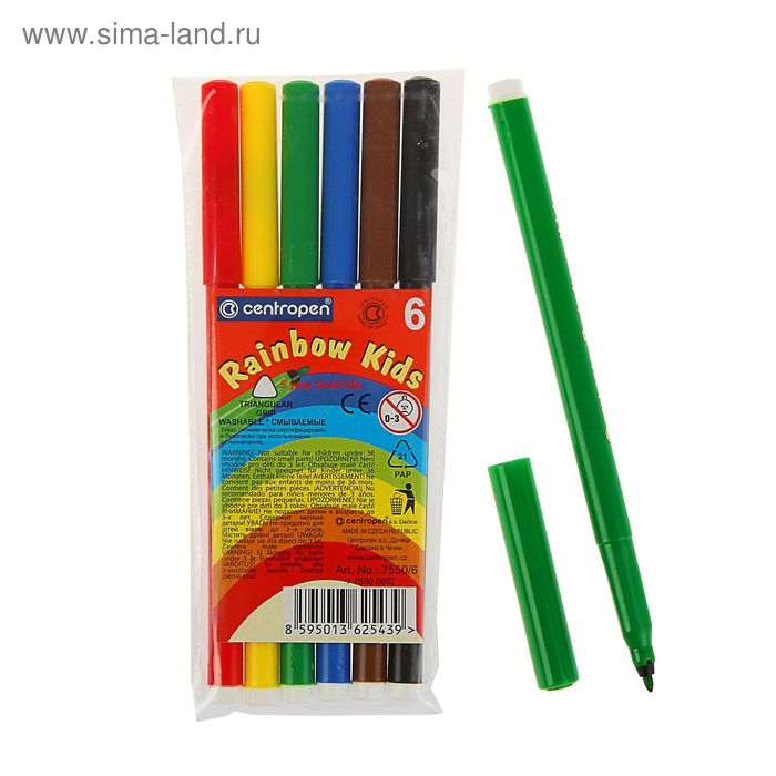 

Фломастеры 6 цветов 2.0 мм Centropen 7550 Rainbow Kids, пластиковый конверт, линия 1.0 мм