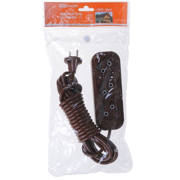 Удлинитель TDM У3, 3 гнезда, 5 м, ПВС 2х0.75 мм2, 10 А, 250 В, цвет бук, SQ1303-3202