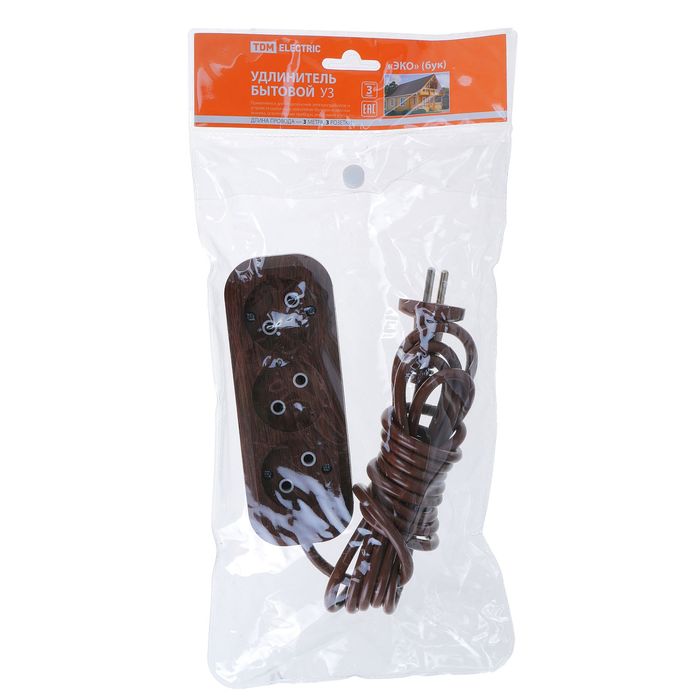 Удлинитель TDM У3, 3 гнезда, 3 м, ПВС 2х0.75 мм2, 10 А, 250 В, цвет бук, SQ1303-3201