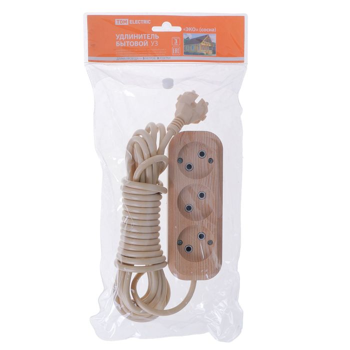 Удлинитель TDM У3, 3 гнезда, 5 м, ПВС 2х0.75 мм2, 10 А, 250 В, цвет сосна, SQ1303-2202