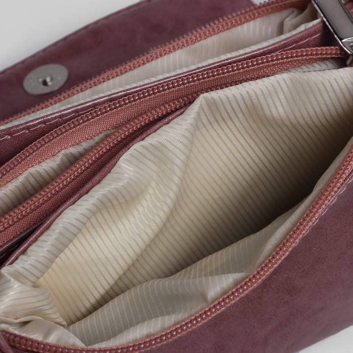 Сумка женская на молнии, 3 отдела, 1 наружный карман, длинный ремень, цвет сиреневый