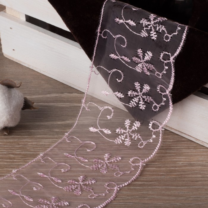 Кружево "Цветы", органза, ширина 65мм, 14±1м, цвет розовый