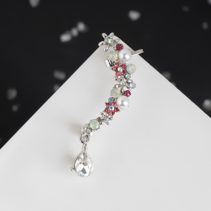 Серьга "Каффа" цветы с каплей, цвет бело-розовый в серебре