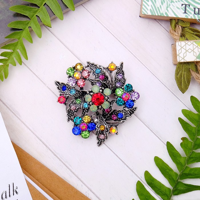 Брошь "Цветы" букет, цветная в серебре