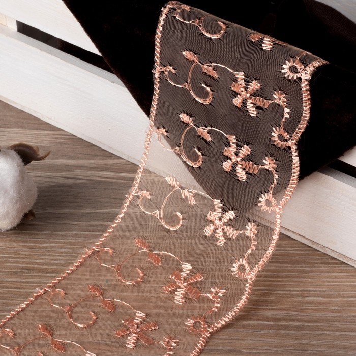 Кружево "Цветы", органза, ширина 65мм, 14±1м, цвет персиковый