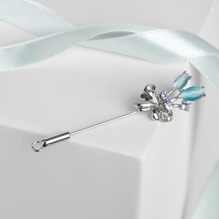 Булавка "Цветы" букет, 6,3 см, цвет голубой в серебре