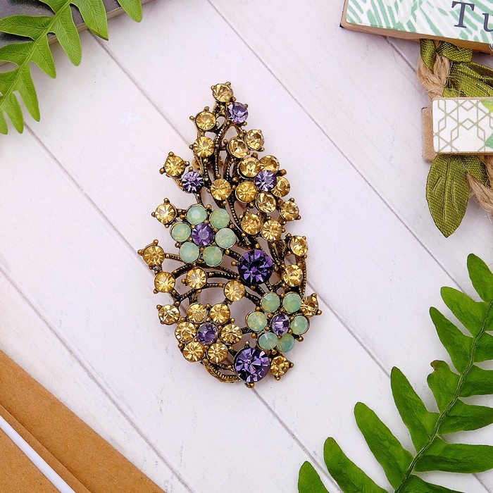 Брошь "Цветы" букет, цвет сиренево-золотой в черненом золоте