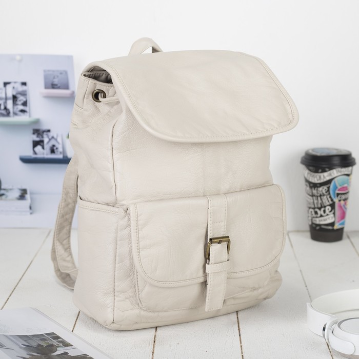 Рюкзак молодежный на шнурке "Элиза", 1 отдел, 2 наружных и 2 боковых кармана, цвет молочный