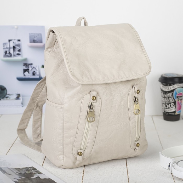 Рюкзак молодёжный на шнурке "Леонора", 1 отдел, 1 наружный и 2 боковых кармана, бежевый