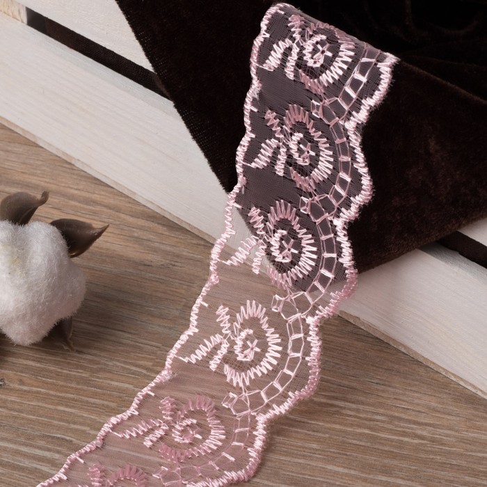 Кружево "Цветы", органза, ширина 40мм, 9±1м, цвет розовый