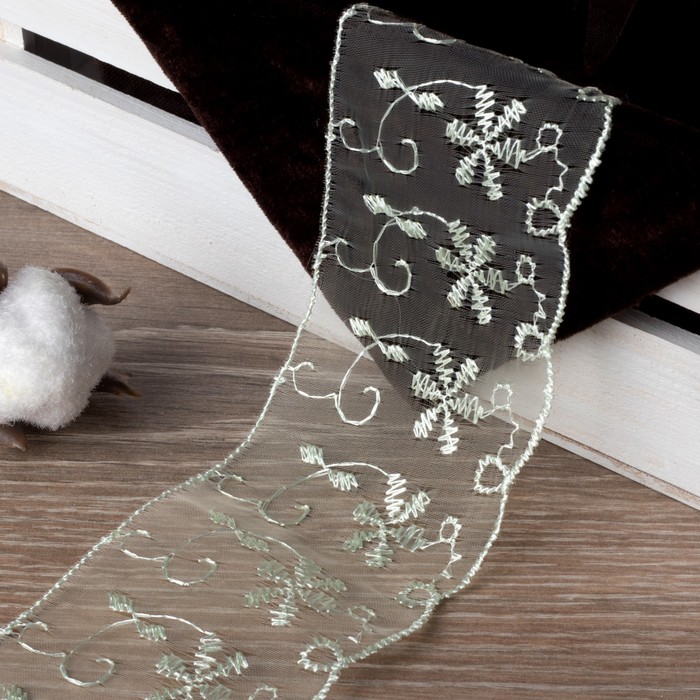 Кружево "Цветы", органза, ширина 65мм, 14±1м, цвет зелёный