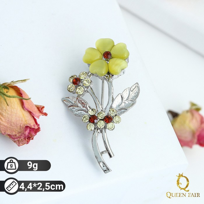 Брошь "Цветок" букет, цвет желтый в серебре