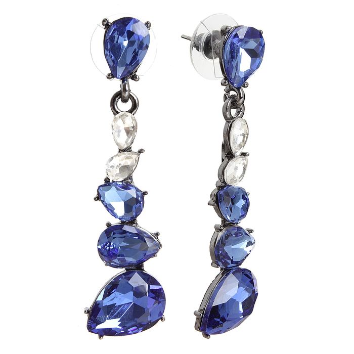 Серьги висячие со стразами "Овалы", цвет синий в сером металле