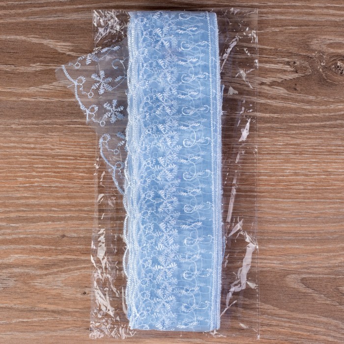 Кружево "Цветы", органза, ширина 65мм, 14±1м, цвет голубой