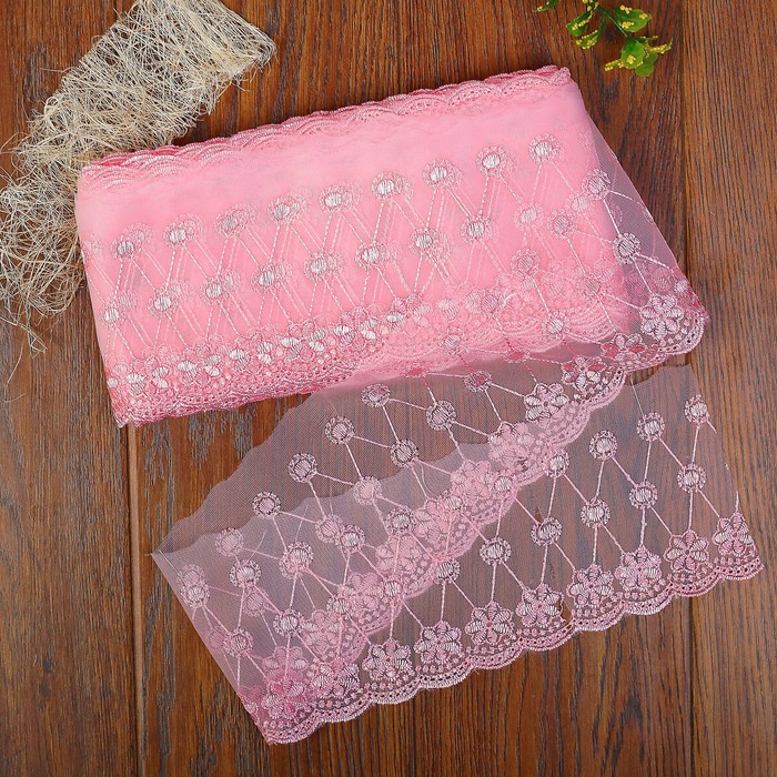 Кружево "Ромбы", органза, ширина 110мм, 14±1м, цвет розовый
