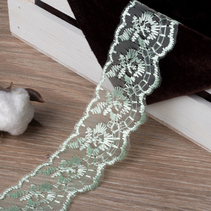 Кружево "Цветы", органза, ширина 40мм, 9±1м, цвет зелёный