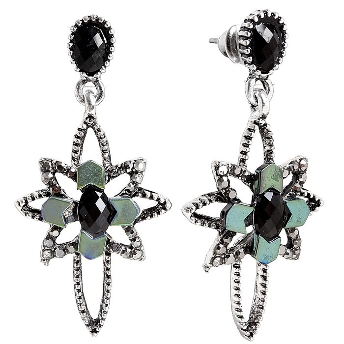 Серьги со стразами "Цветок" четырёхлистник, цвет зелёный в чернёном серебре