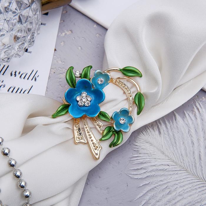 Зажим для платка "Цветы" трио, цвет зелёно-голубой в золоте