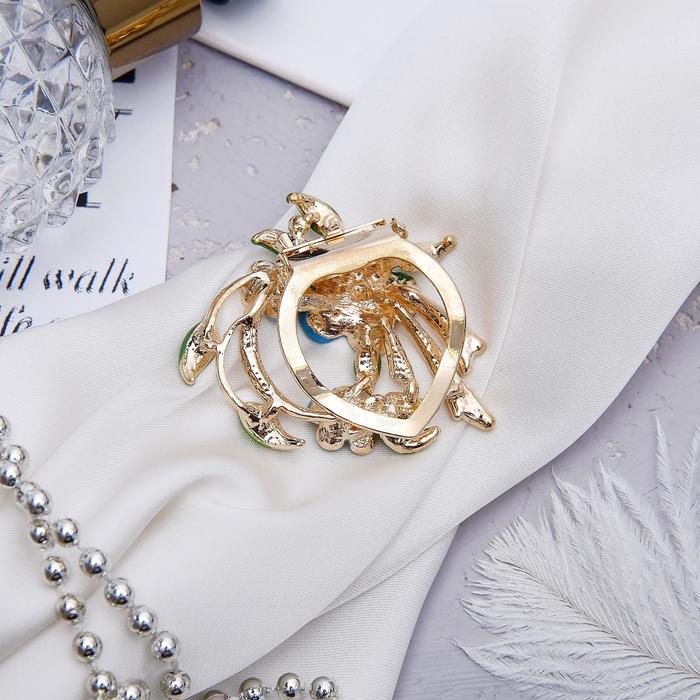 Зажим для платка "Цветы" трио, цвет зелёно-голубой в золоте