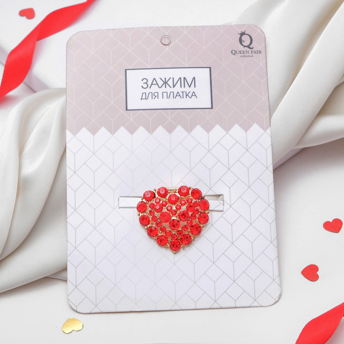Зажим для платка "Сердце", цвет красный в золоте