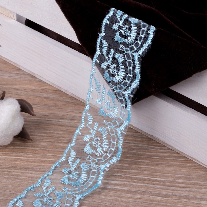 Кружево "Цветы", органза, ширина 40мм, 9±1м, цвет голубой