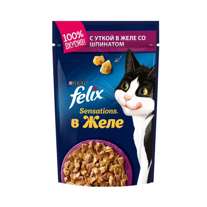 

Влажный корм FELIX Sensations для кошек, утка/шпинат в желе, пауч, 85 г