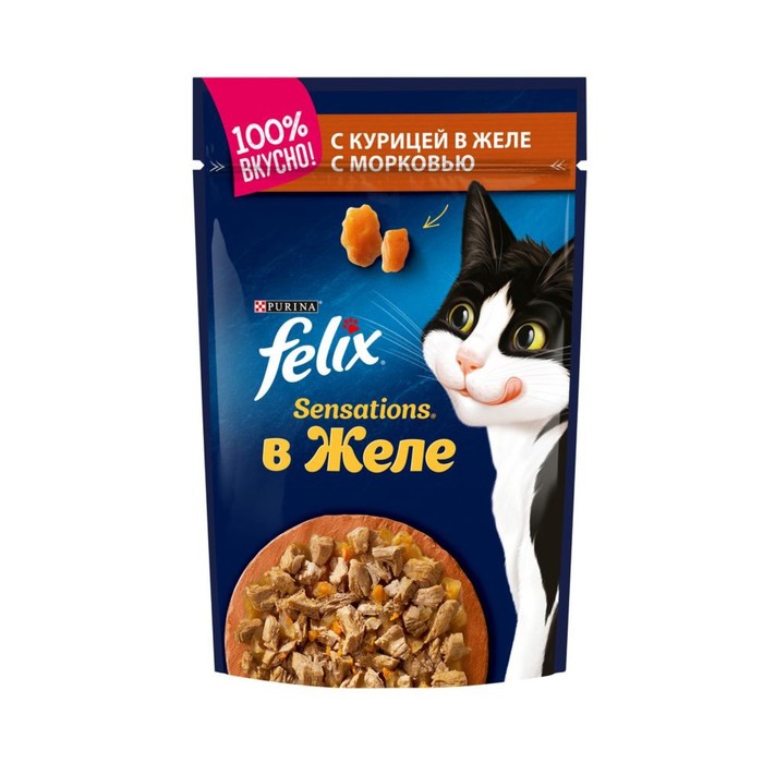 Влажные корма для кошек Влажный корм FELIX Sensations для кошек, курица/морковь в желе, пауч, 85 г