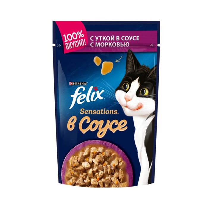 

Влажный корм FELIX Sensations для кошек, утка/морковь в соусе, пауч, 85 г