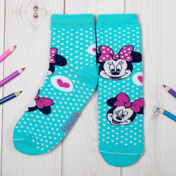 Носки детские, Минни Маус, мятный, 20-22 см, 10-12 лет, 80% хлопок, 17% полиамид, 3% эластан