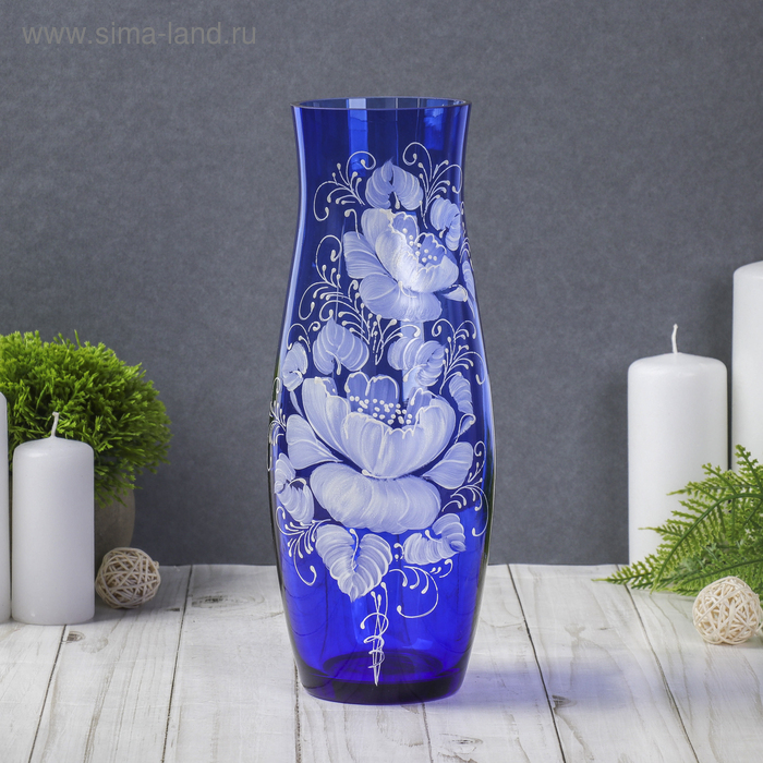ваза С-64 h 260 мм. из синего стекла (ручная роспись) рис. № 15 (Бел.)