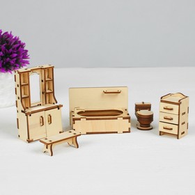 Набор деревянной мебели для кукол «Ванная» (скамейка, ванна, унитаз, умывальник, шкаф) Ош