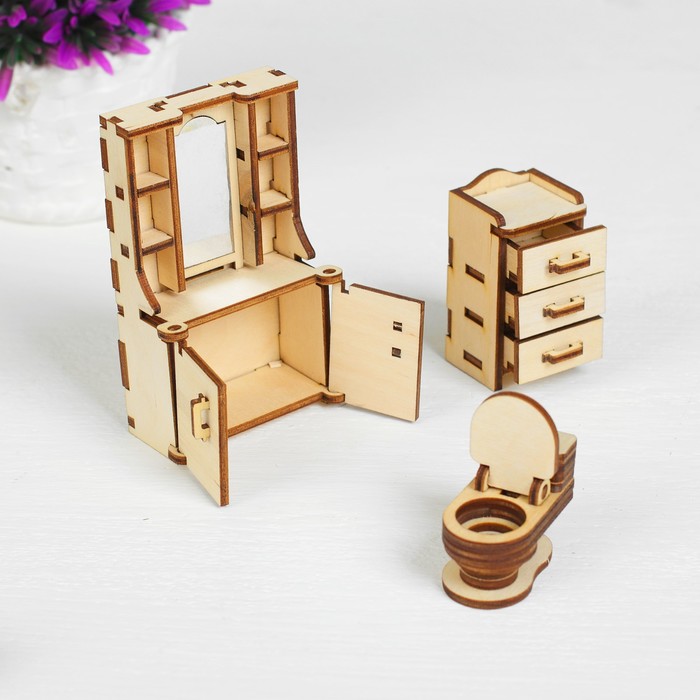 фото Набор деревянной мебели для кукол «ванная» (скамейка, ванна, унитаз, умывальник, шкаф) polly