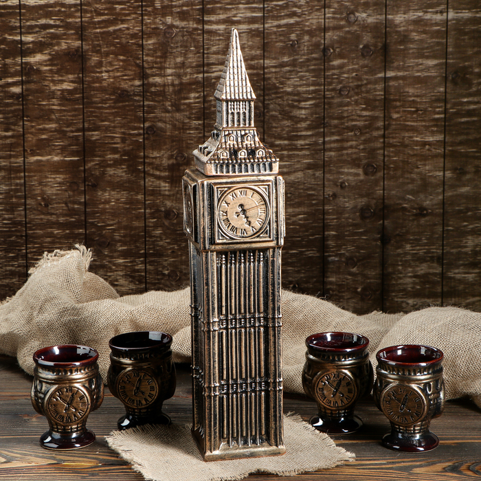 Штоф с рюмками "Биг-Бен" бронза, 5 предметов, 1,5 л/ 0,15 л