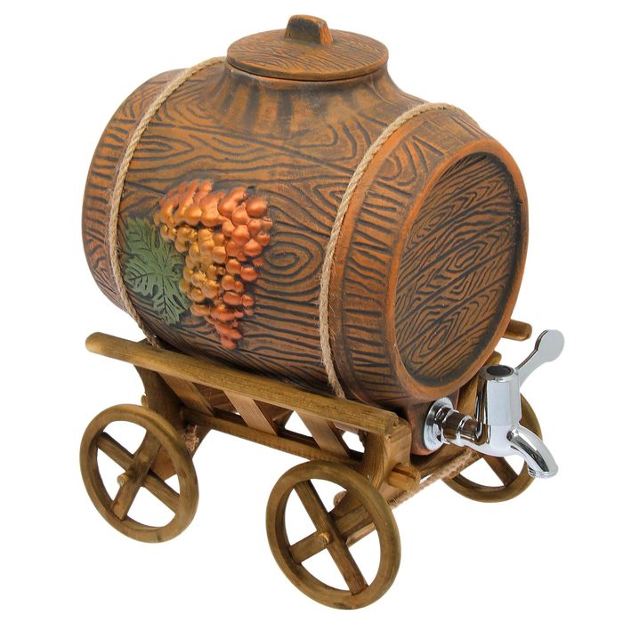 Бочка для вина "Виноград" большая, на телеге, с краном, 6 л