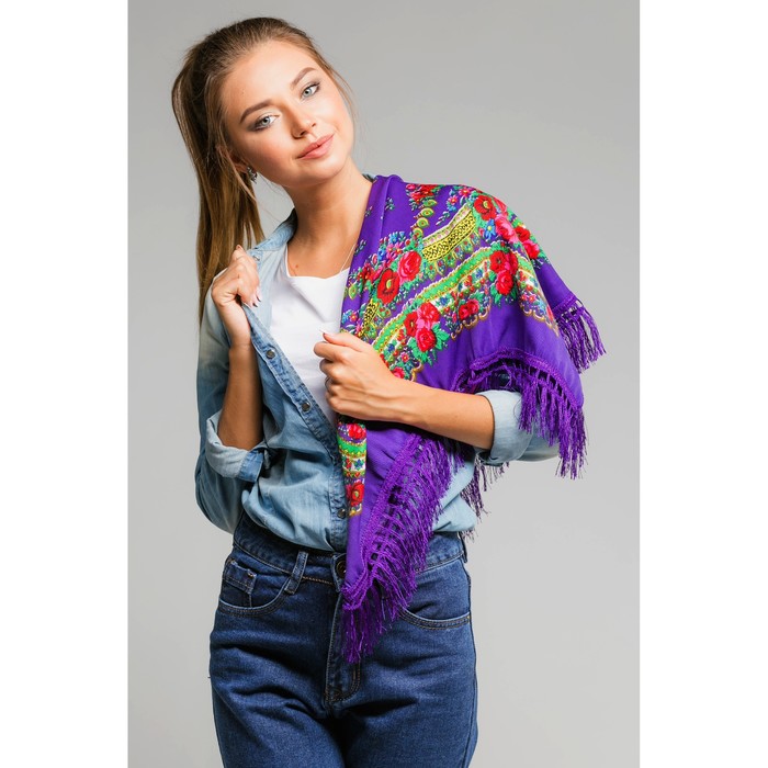 Платок многоцветный с бахромой Этель "Новогодние забавы", размер 70х70 см, принт амарантовый