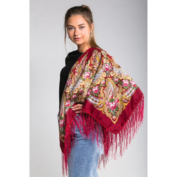 Платок многоцветный с бахромой Этель "Новогодние забавы", размер 92х92 см, принт кармин