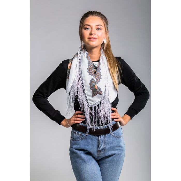 Платок многоцветный с бахромой Этель "Новогодние забавы", размер 92х92 см, цвет медовый