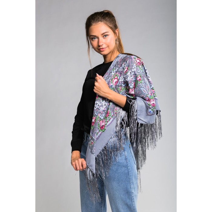 Платок многоцветный с бахромой Этель "Новогодние забавы", размер 92х92 см, цвет платиновый