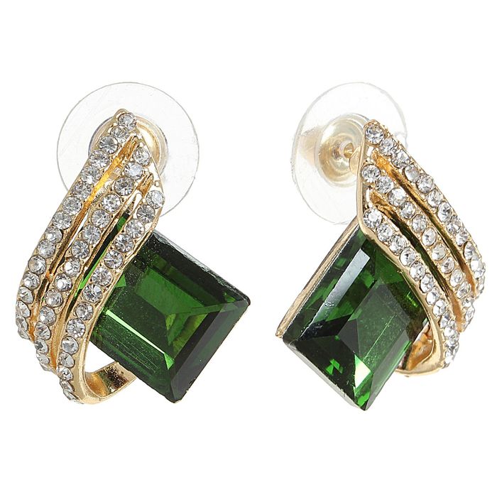 Серьги со стразами "Ромб искристый" волна, цвет бело-изумрудный в золоте